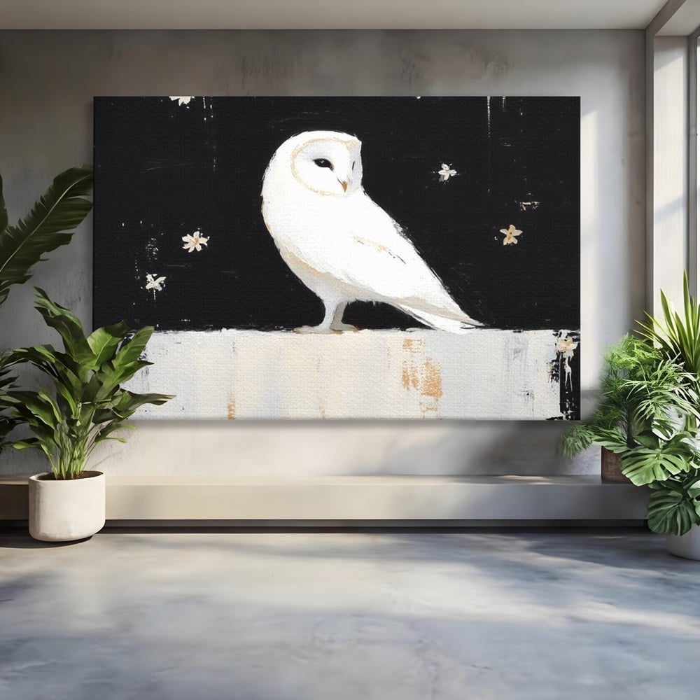Tablou canvas cu tablou canvas cu bufnita alba, fara rama, pe sasiu de lemn
